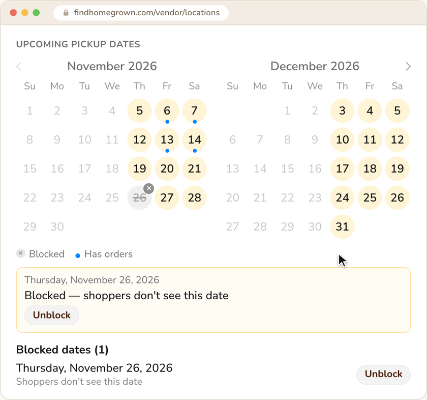 Tapping November 26 on the pickup calendar, then Block this date