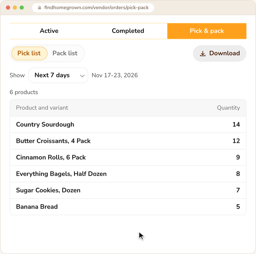 The pick list adding up a week of orders, then the pack list and the Download menu