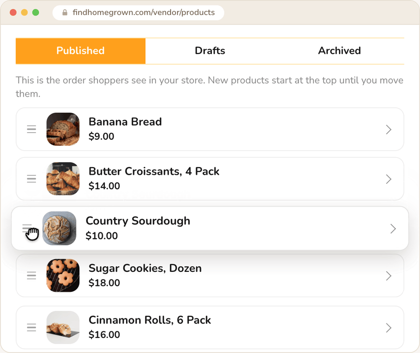Dragging Country Sourdough from the bottom of the product list to the top