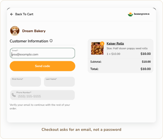 The Homegrown checkout asking only for an email