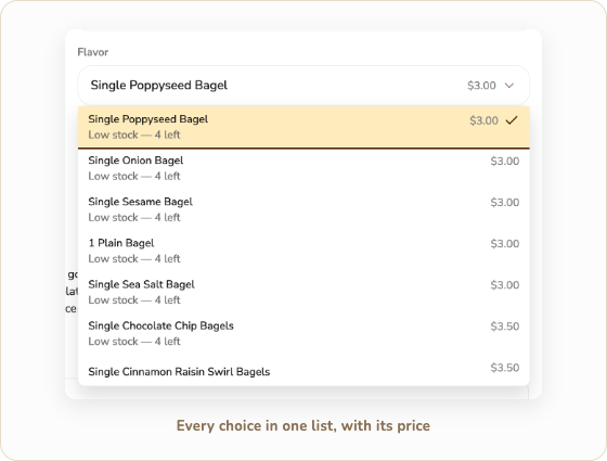 A product's choices listed with prices and stock